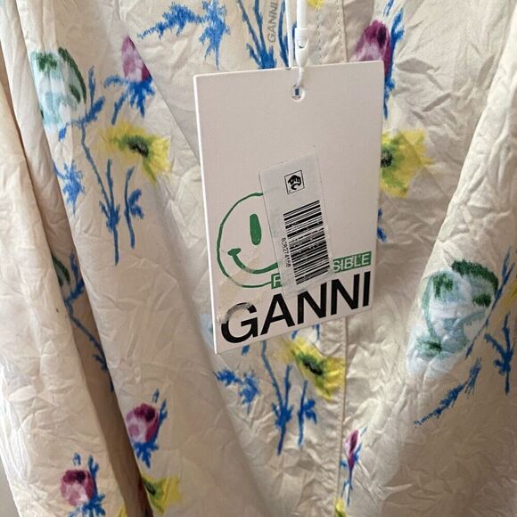 GANNI NWT $295 Crinkled Satin Floral Ruffle Strap Maxi Slit Dress Size 42 L - Picture 11 of 15